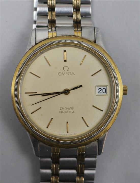 A gentlemans stainless steel and gold plated Omega De Ville quartz wrist watch.
